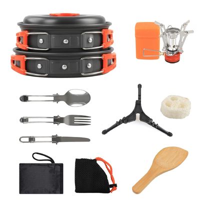Kit di cucina per campeggio in lega di alluminio con accessori a cucchiaio di legno e stufa per zaino
