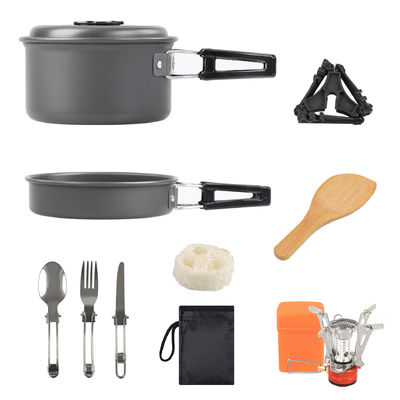 Kit di cucina per campeggio in lega di alluminio con accessori a cucchiaio di legno e stufa per zaino